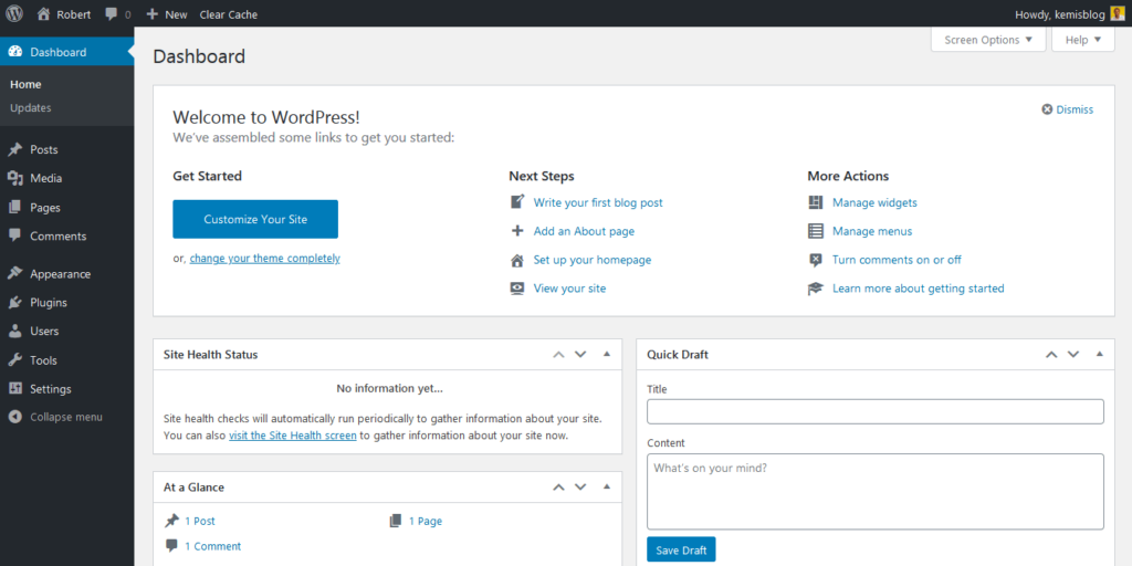 WordPress dashboard