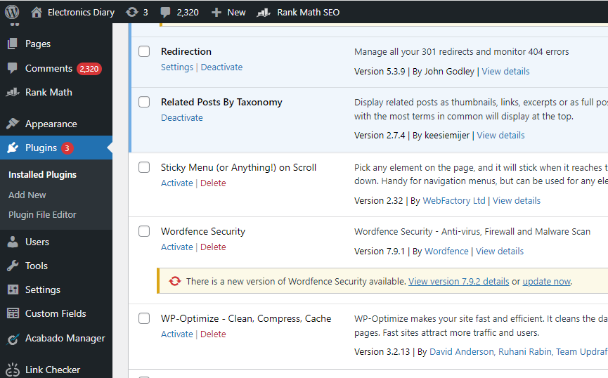 A WordPress dashboard showing plugins