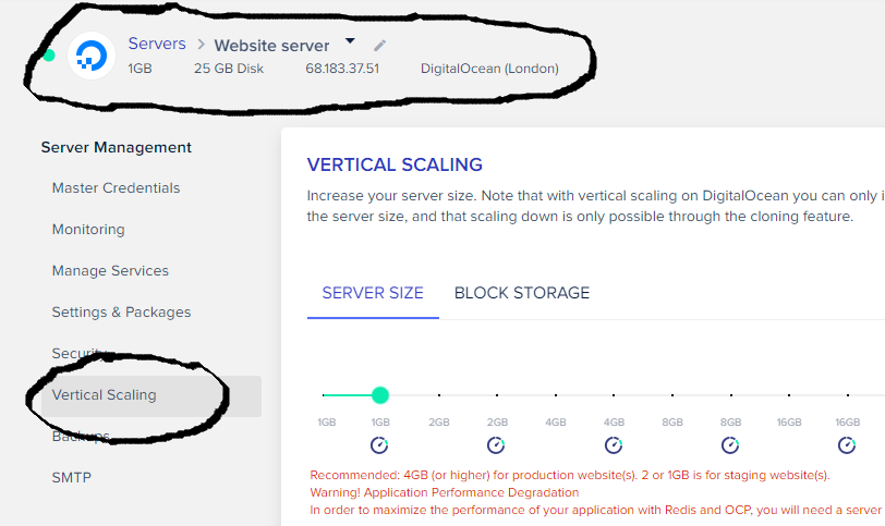 Cloudways scaling tab: easy server deployment and scaling